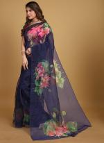 Pure Organza Navy Blue Party Wear Printed Saree